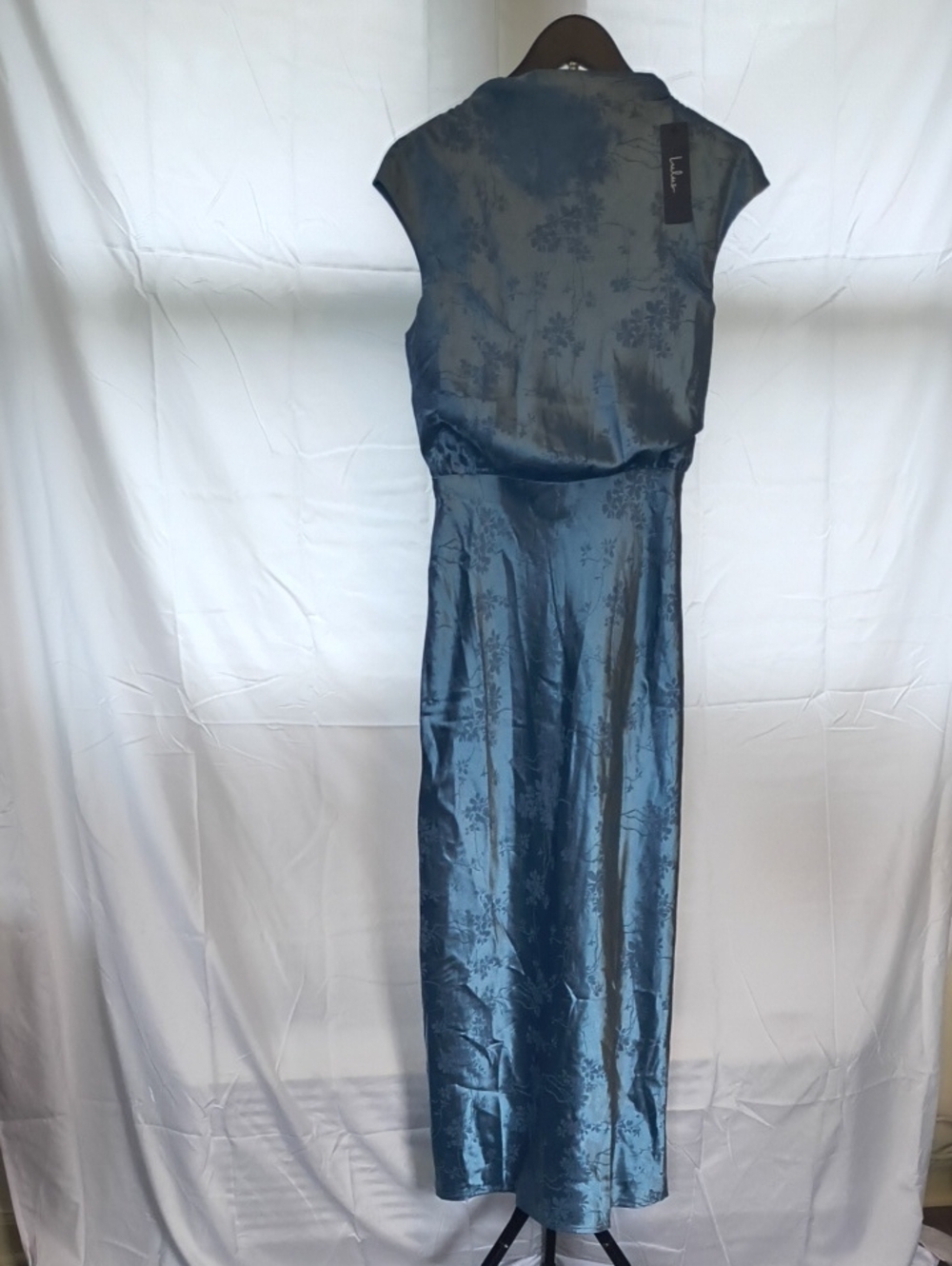 Lulu's Steel Blue Floral Satin Maxi Dress